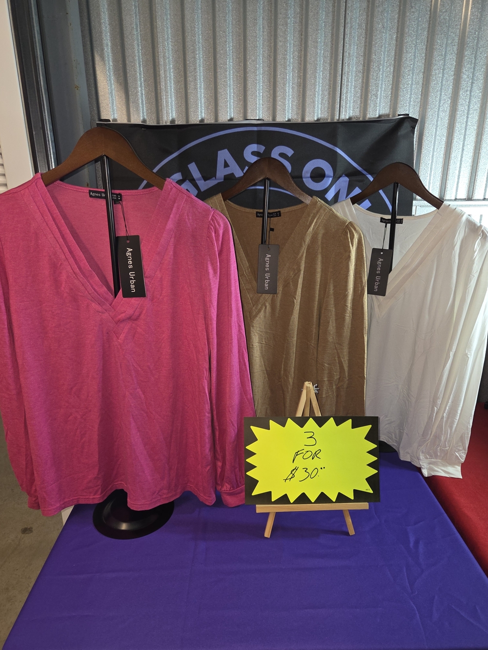 NWT SET OF 3 AGNES URBAN LONG SLEEVE V-Neck — Bright Fuchsia Pink ,WHITE,BROWN